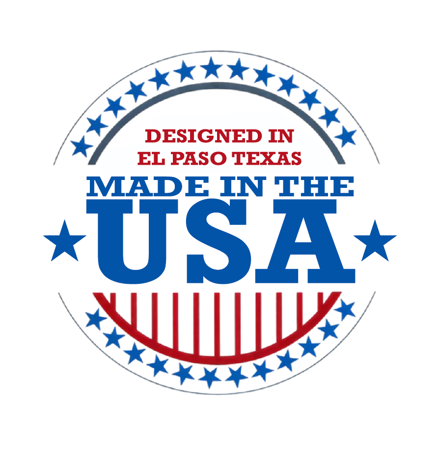 A circular logo with a white background. The words "DESIGNED IN EL PASO TEXAS" are in red font in the upper center. Below that, in larger blue font, are the words "MADE IN THE USA," with "USA" being the largest and most prominent. The entire logo is encircled by a gray ring with blue stars on the top half and red and white vertical stripes on the bottom half, reminiscent of the American flag.